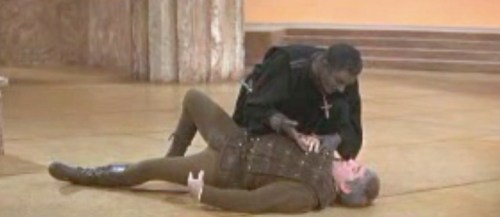Olivier's Othello seeks ocular proof from Iago for Desdimona's infidelity