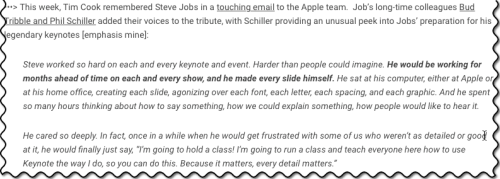Jean-Louis Gassee's blog quoting Phil Schiller on Steve Jobs keynote preparation 